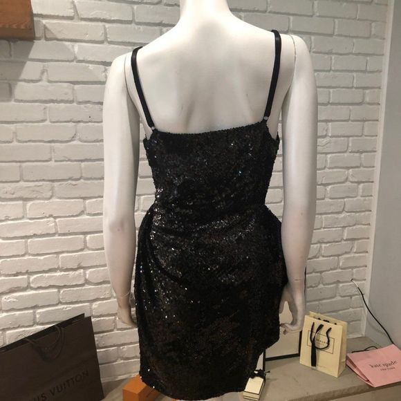 PEACOCK COLOR DISTRESSED SEQUIN ASYMETRICAL COCKTAIL GATHERED MINI DRAPED NECK - Picture 8 of 12